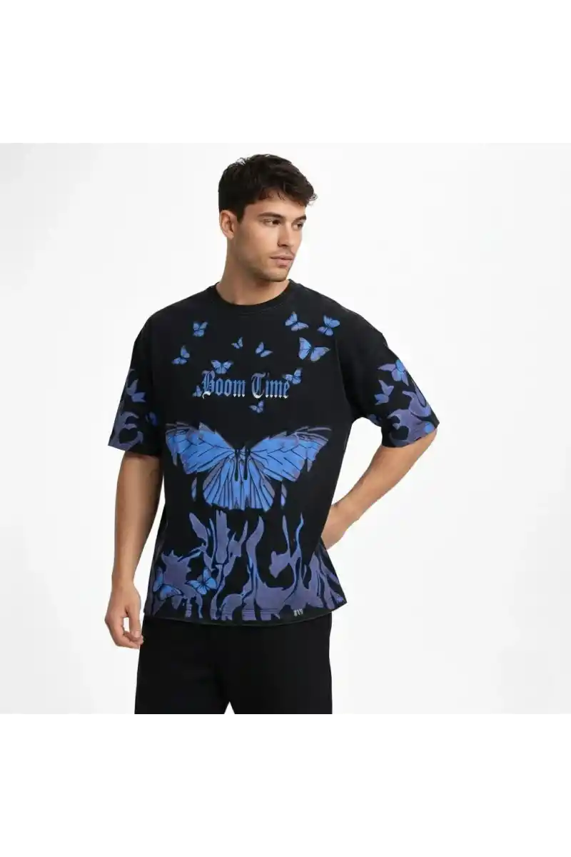 Erkek Asit Yıkamalı Oversize Tişört Mavi Kelebek Baskılı Dijital Print Bisiklet - Siyah