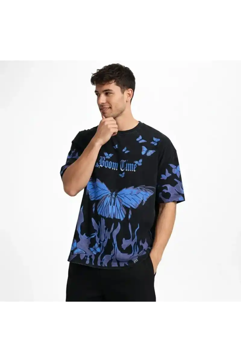 Erkek Asit Yıkamalı Oversize Tişört Mavi Kelebek Baskılı Dijital Print Bisiklet - Siyah
