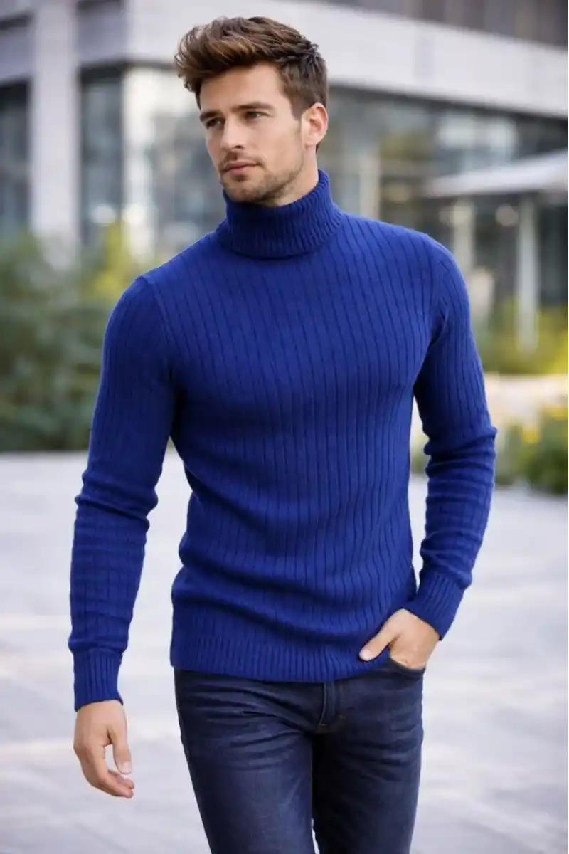 Erkek Balıkcı Yaka Bağazlı Triko Kazak Pamuklu Kalın Fitilli Dokuma Regular Fit - İndigo