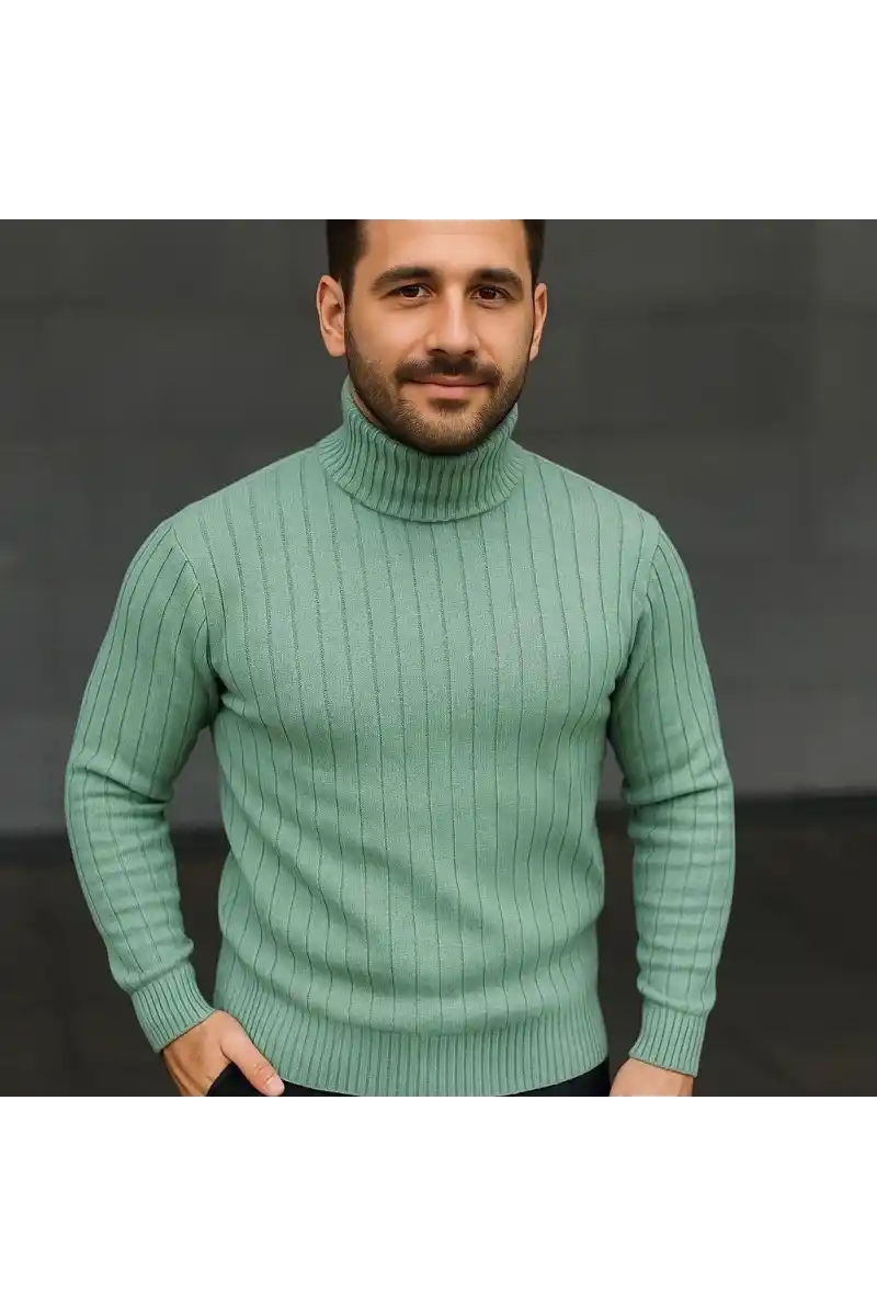 Erkek Balıkcı Yaka Bağazlı Triko Kazak Pamuklu Kalın Fitilli Dokuma Regular - Mint Yeşili