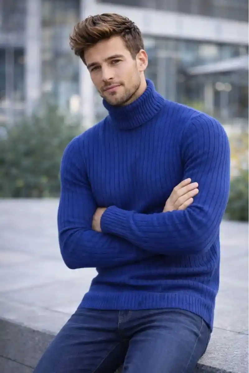 Erkek Balıkcı Yaka Bağazlı Triko Kazak Pamuklu Kalın Fitilli Dokuma Regular Fit - İndigo