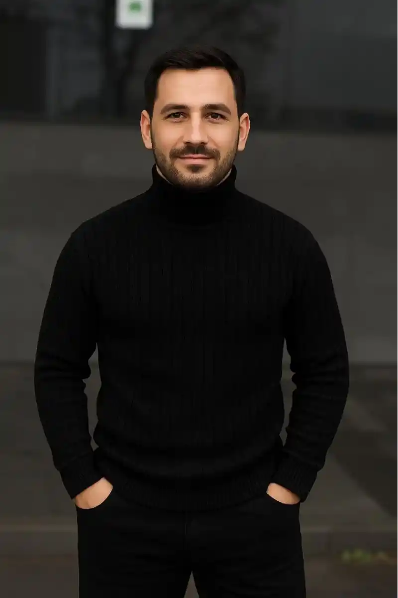 Erkek Balıkcı Yaka Bağazlı Triko Kazak Pamuklu Kalın Fitilli Dokuma Regular Fit - Siyah