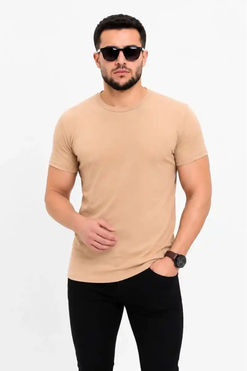 Erkek Basic Tişört Bisiklet Yaka Kısa Kol Günlük Yazlık Slim fit T-Shirt - Bej