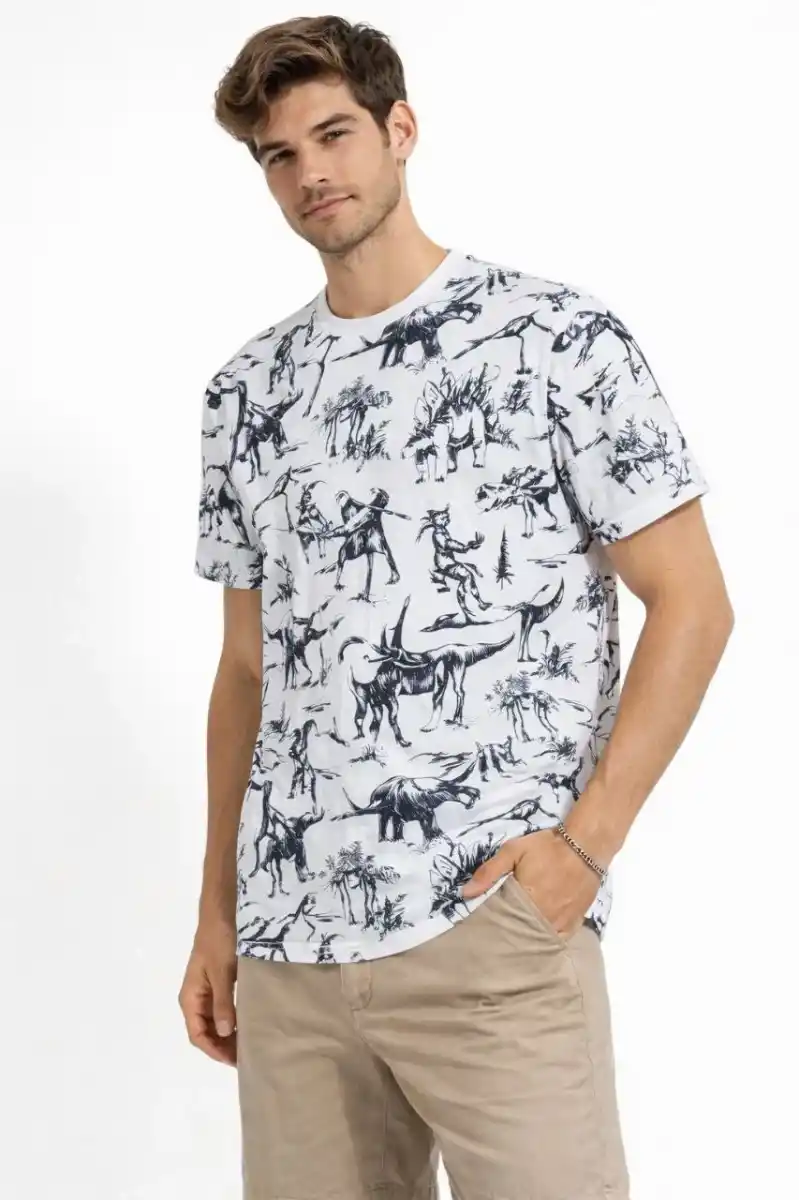 Erkek Beyaz Dinozor Desenli Tişört Regular Fit Bisiklet Yaka Dijital Baskılı - Beyaz