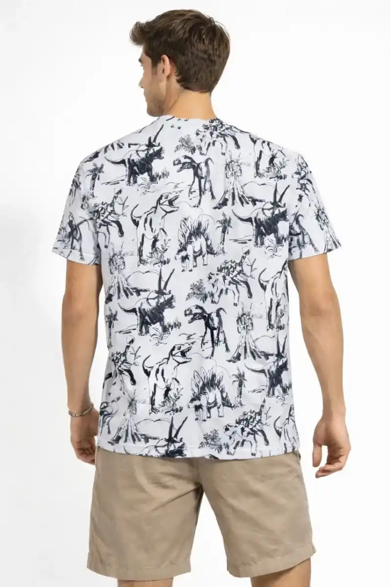 Erkek Beyaz Dinozor Desenli Tişört Regular Fit Bisiklet Yaka Dijital Baskılı - Beyaz