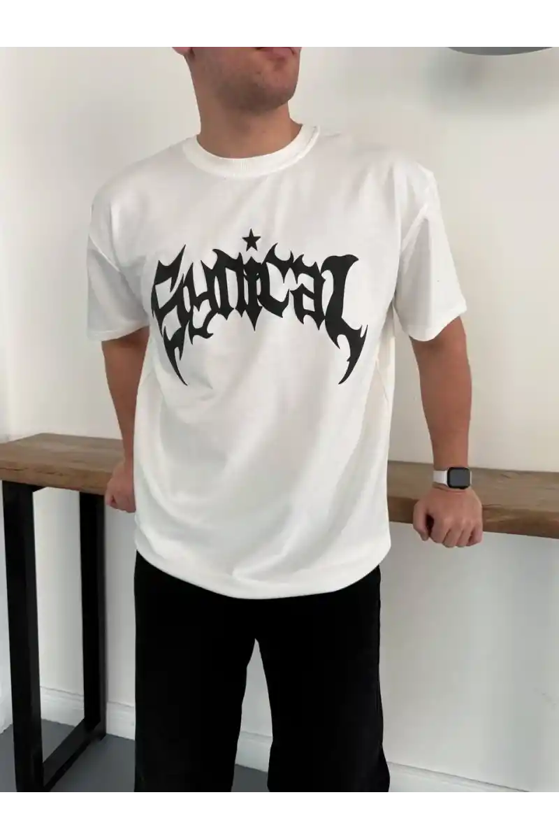 Erkek Bisiklet Yaka Ön Baskılı Kısa Kollu Tişört Streetwear Günlük Basic Pamuklu T-shirt - Beyaz