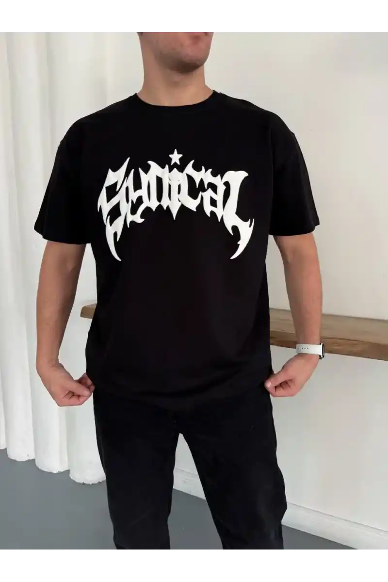 Erkek Bisiklet Yaka Ön Baskılı Kısa Kollu Tişört Streetwear Günlük Basic Pamuklu T-shirt - Siyah