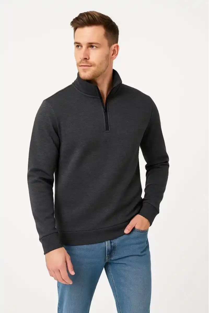 Erkek Dik Yaka Sweatshirt Dik Yaka Yarım Fermuarlı 3 İplik Şardonlu Pamuk Kumaş - Antrasit