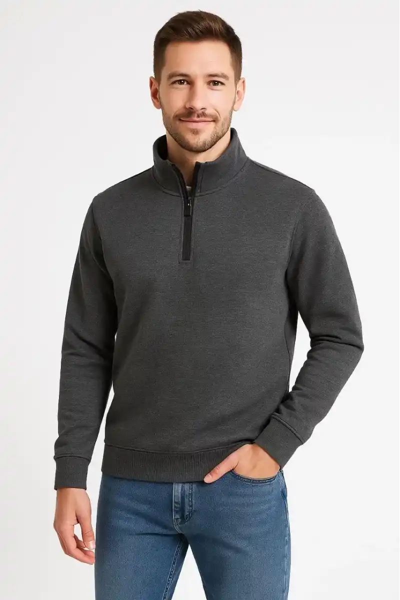 Erkek Dik Yaka Sweatshirt Dik Yaka Yarım Fermuarlı 3 İplik Şardonlu Pamuk Kumaş - Antrasit