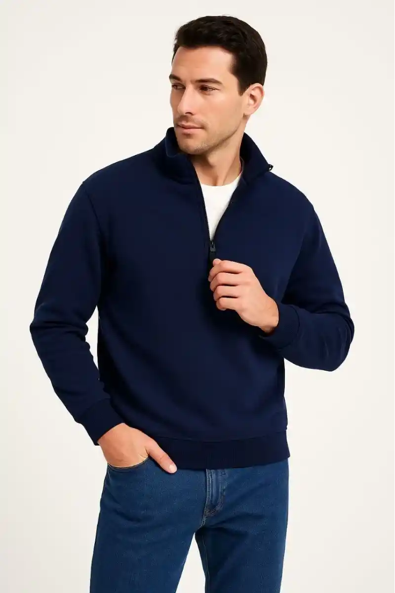 Erkek Dik Yaka Sweatshirt Dik Yaka Yarım Fermuarlı 3 İplik Şardonlu Pamuk Kumaş - Lacivert