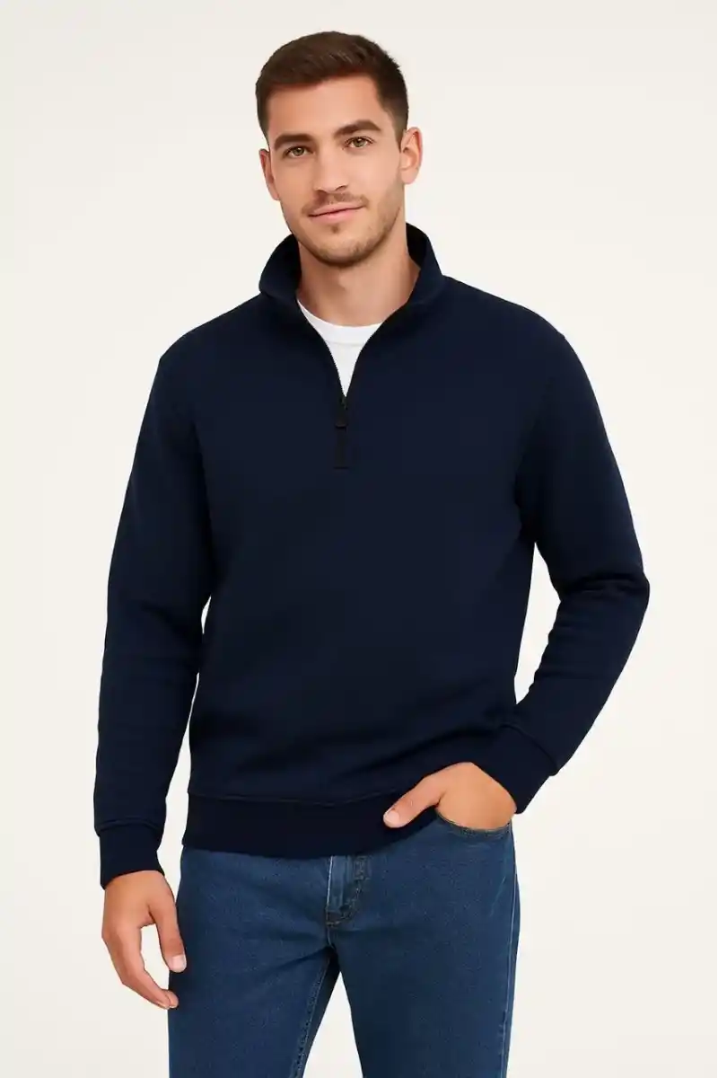 Erkek Dik Yaka Sweatshirt Dik Yaka Yarım Fermuarlı 3 İplik Şardonlu Pamuk Kumaş - Lacivert