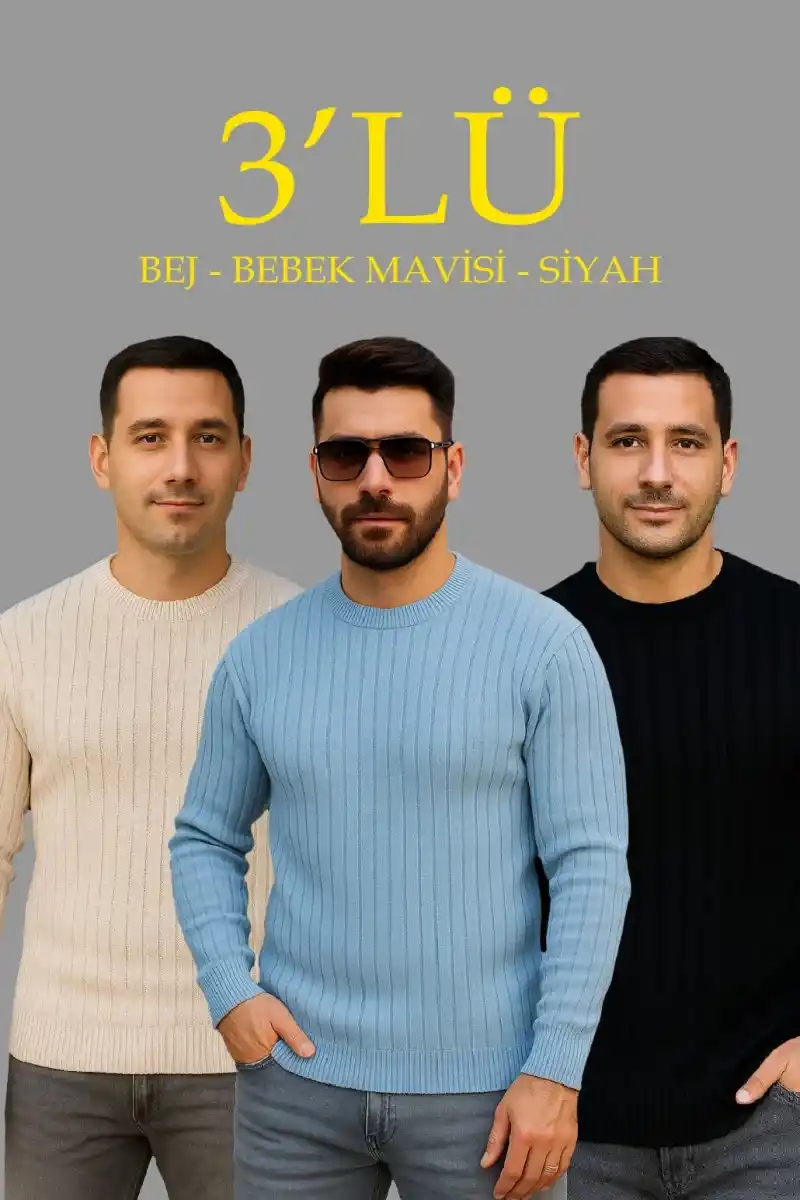 Erkek Fitilli Triko Bisiklet Yaka Kalın Kazak 3lü Set Bej-Bebek Mavisi-Siyah