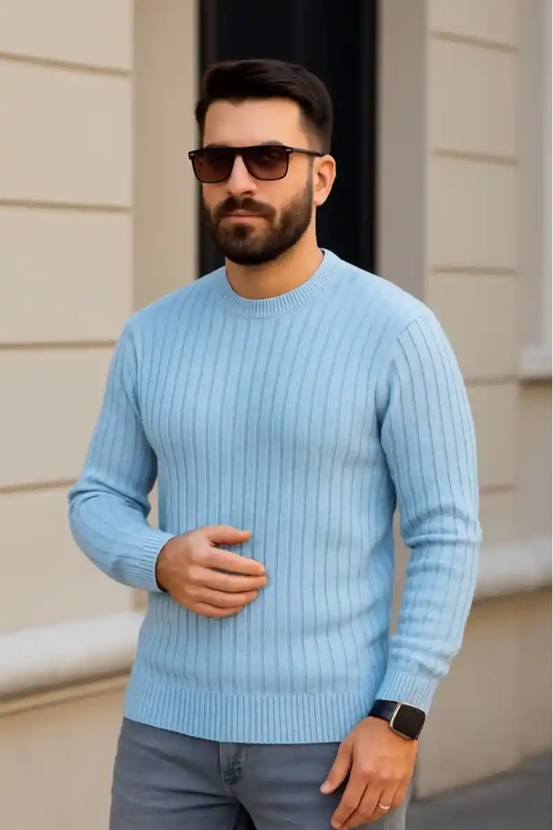 Erkek Fitilli Triko Bisiklet Yaka Kalın Kazak 3lü Set Bej-Bebek Mavisi-Siyah