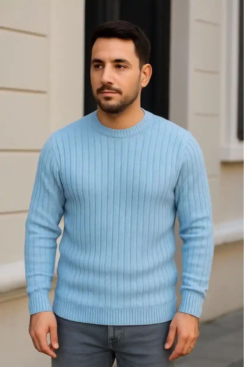 Erkek Fitilli Triko Bisiklet Yaka Kalın Kazak 3lü Set Bej-Bebek Mavisi-Siyah