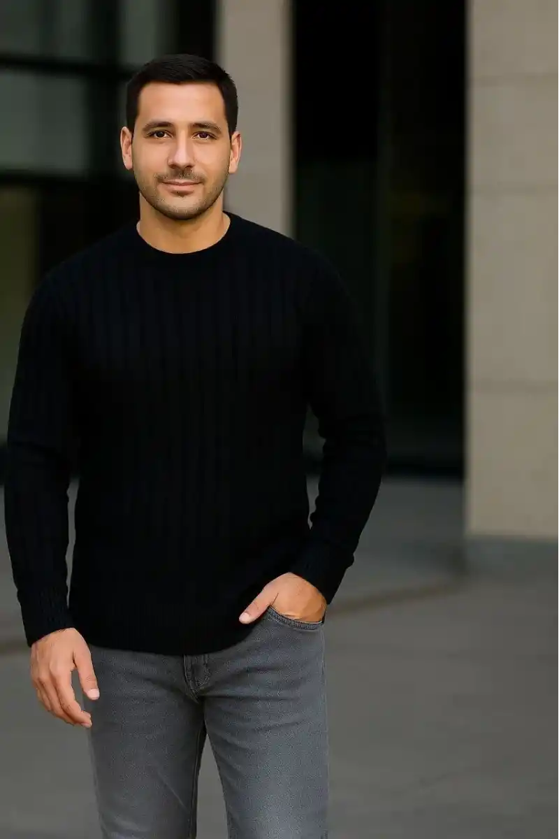 Erkek Fitilli Triko Bisiklet Yaka Kalın Kazak 3lü Set Beyaz-Bordo-Siyah