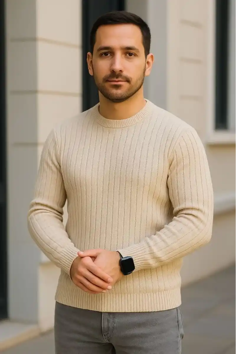 Erkek Fitilli Triko Kazak 2’li Set Bej Beyaz Kalın Dokuma Pamuklu Regular Fit Bisiklet