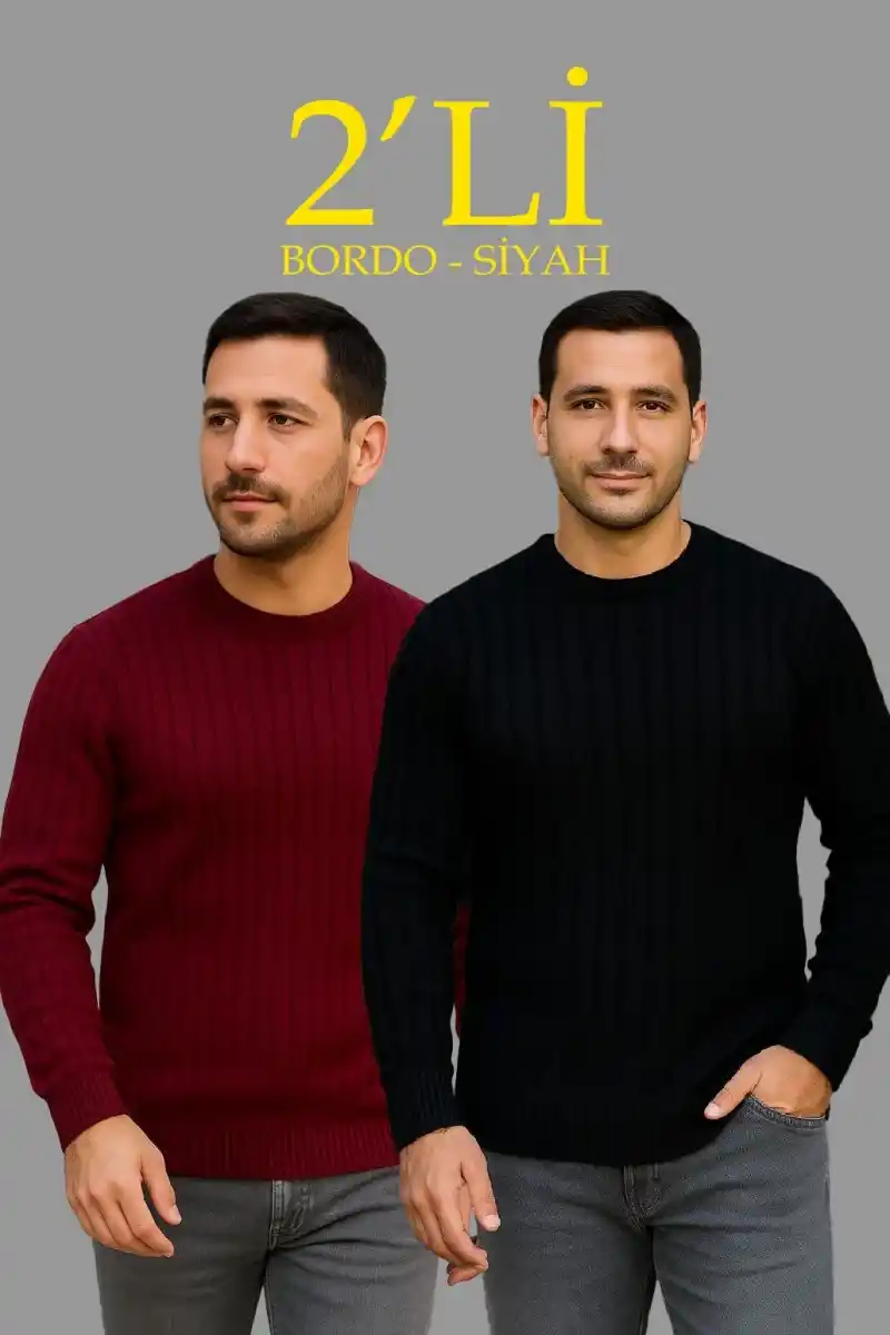 Erkek Fitilli Triko Kazak 2’li Set Siyah Bordo Kalın Dokuma Pamuklu Regular Fit Bisiklet