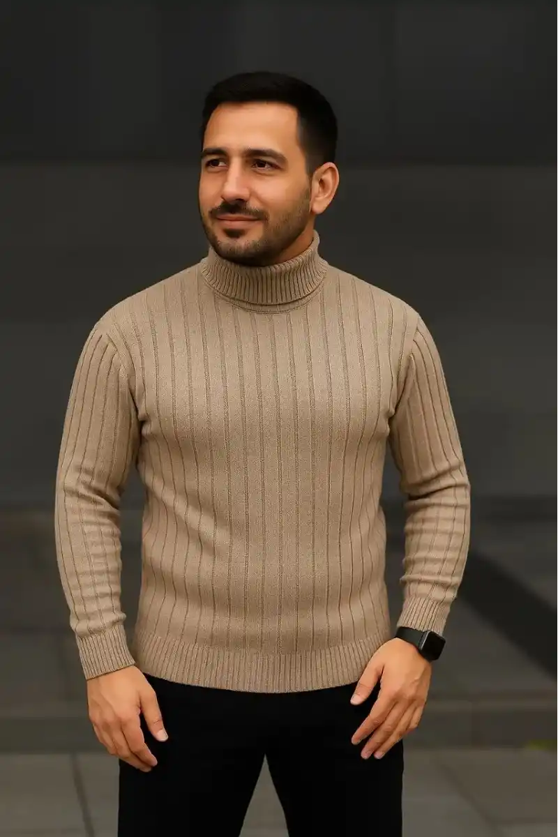 Erkek Fitilli Triko Kazak 3lÜ Set Bej Haki Siyah Regular Balıkcı Yaka Tam Boğazlı Triko