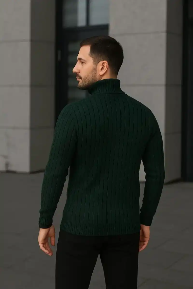 Erkek Fitilli Triko Kazak 3lÜ Set Gri Haki Siyah Regular Balıkcı Yaka Tam Boğazlı Triko