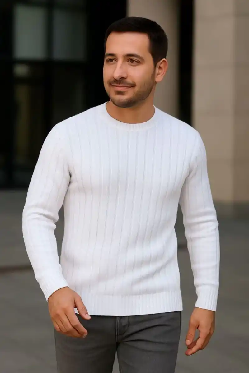 Erkek Fitilli Triko Kazak 3’lü Set Bej Beyaz Siyah | Kalın Dokuma Pamuklu Regular Fit