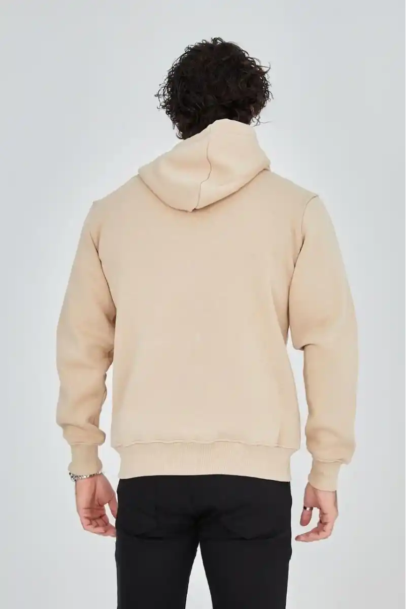 Erkek 3 İplik Pamuklu Fermuarlı Kapüşonlu Kanguru Cepli Baskılı Hoodie Hırka Sweatshirt - Bej