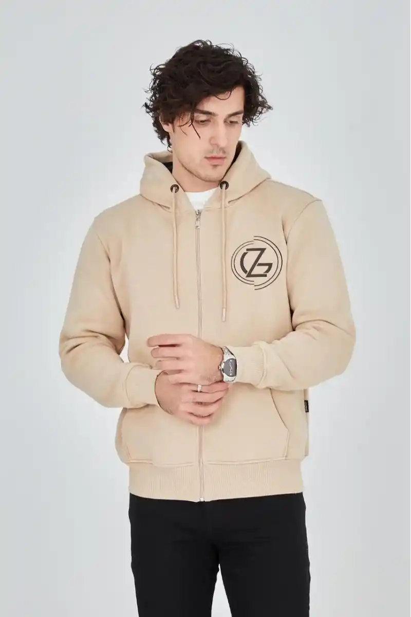 Erkek 3 İplik Pamuklu Fermuarlı Kapüşonlu Kanguru Cepli Baskılı Hoodie Hırka Sweatshirt - Bej
