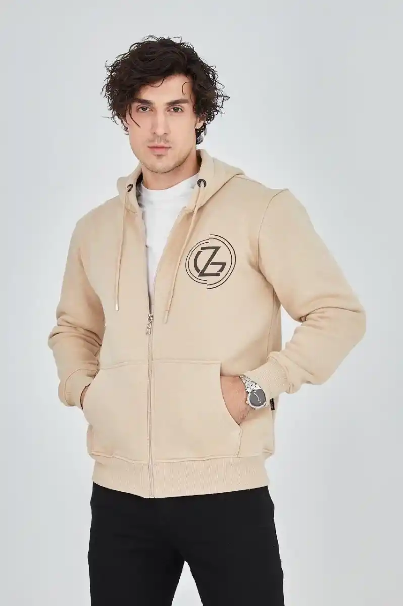 Erkek 3 İplik Pamuklu Fermuarlı Kapüşonlu Kanguru Cepli Baskılı Hoodie Hırka Sweatshirt - Bej