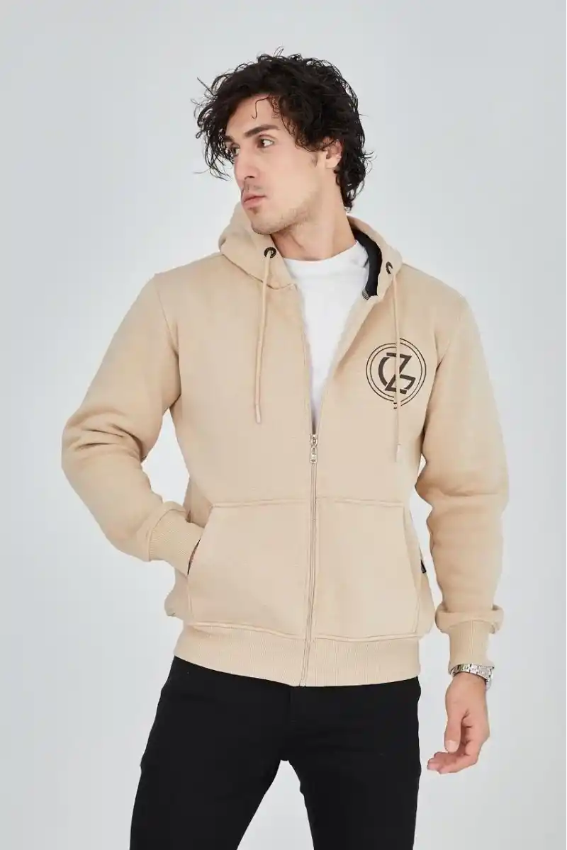 Erkek 3 İplik Pamuklu Fermuarlı Kapüşonlu Kanguru Cepli Baskılı Hoodie Hırka Sweatshirt - Bej
