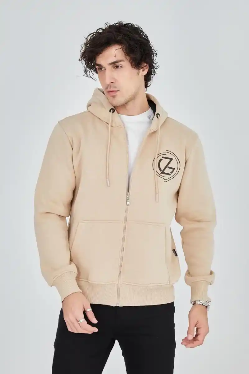 Erkek 3 İplik Pamuklu Fermuarlı Kapüşonlu Kanguru Cepli Baskılı Hoodie Hırka Sweatshirt - Bej