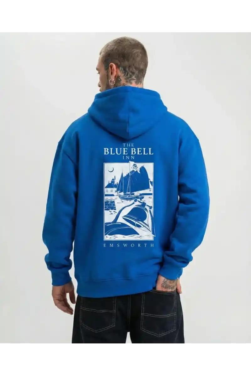 Erkek Baskılı Kapüşonlu Hoodie 3 İplik İçi Pamuklu Kanguru Cepli - Saks Mavisi