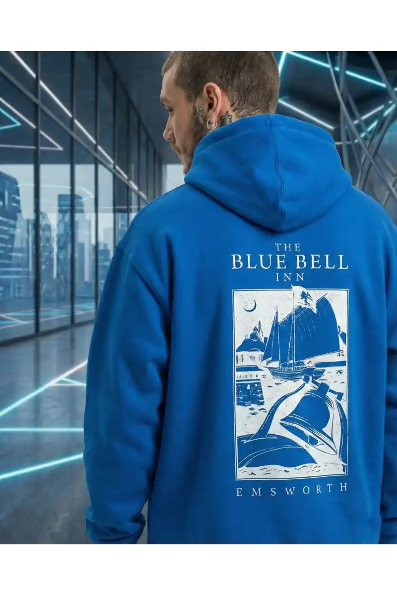 Erkek Baskılı Kapüşonlu Hoodie 3 İplik İçi Pamuklu Kanguru Cepli - Saks Mavisi