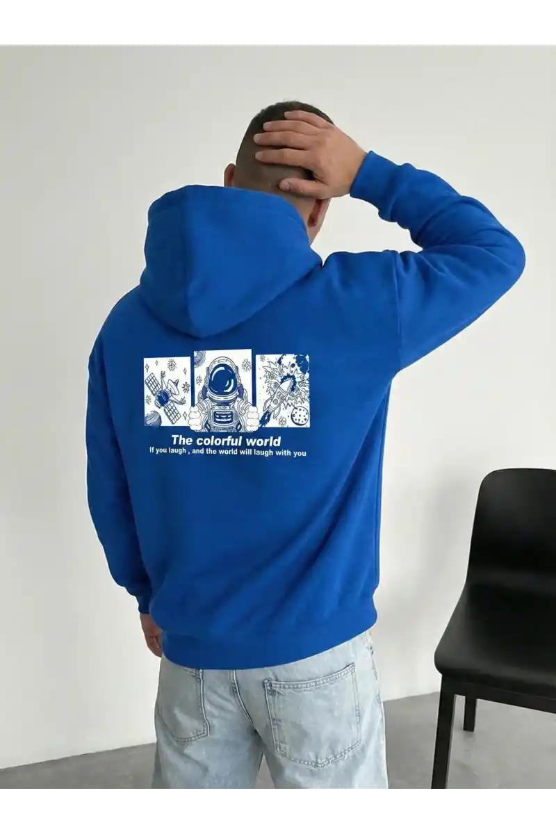 Erkek Baskılı Kapüşonlu Hoodie 3 İplik İçi Pamuklu Kanguru Cepli - Saks Mavisi