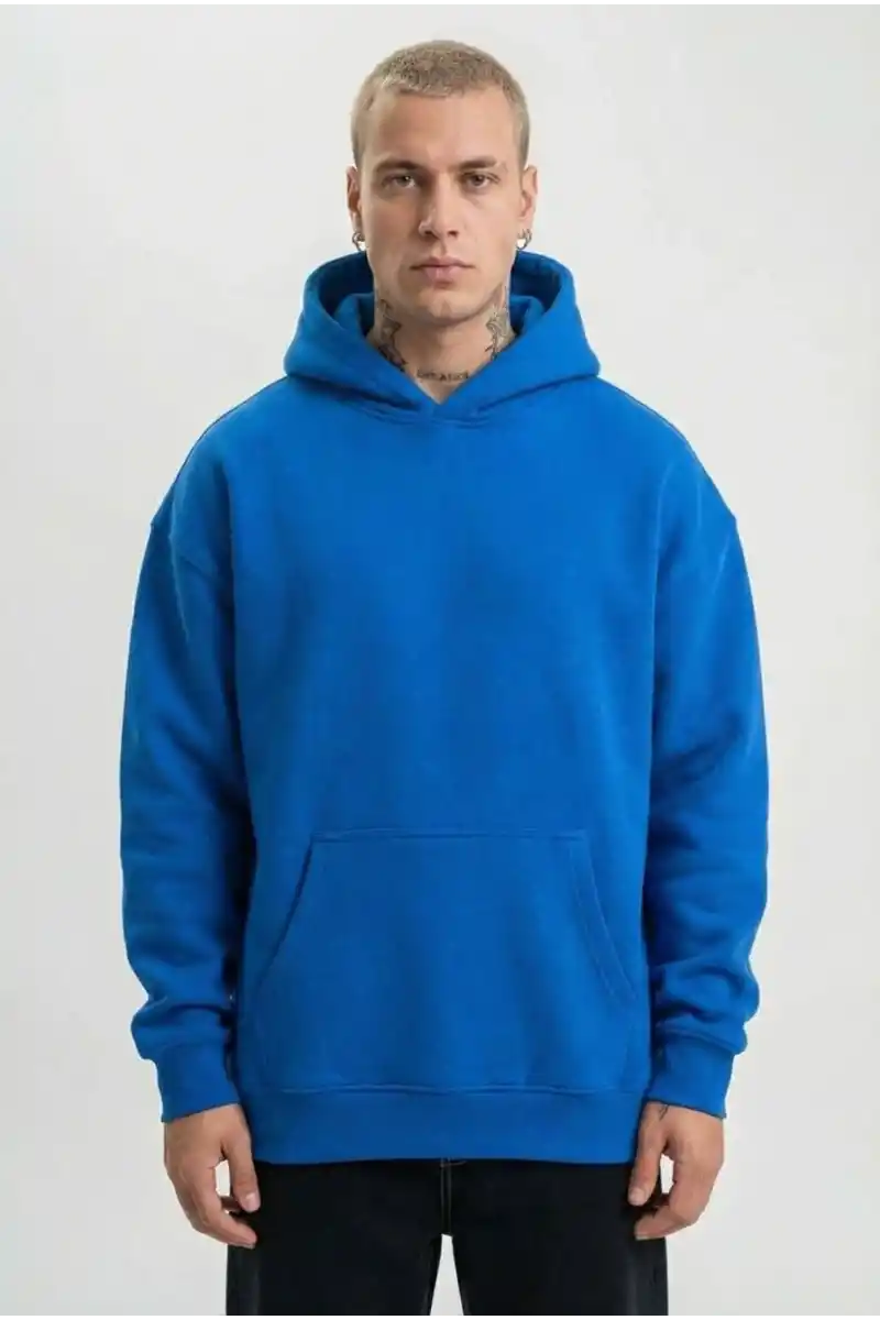 Erkek Baskılı Kapüşonlu Hoodie 3 İplik İçi Pamuklu Kanguru Cepli - Saks Mavisi