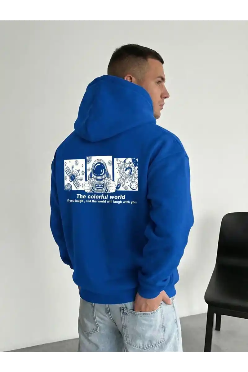 Erkek Baskılı Kapüşonlu Hoodie 3 İplik İçi Pamuklu Kanguru Cepli - Saks Mavisi