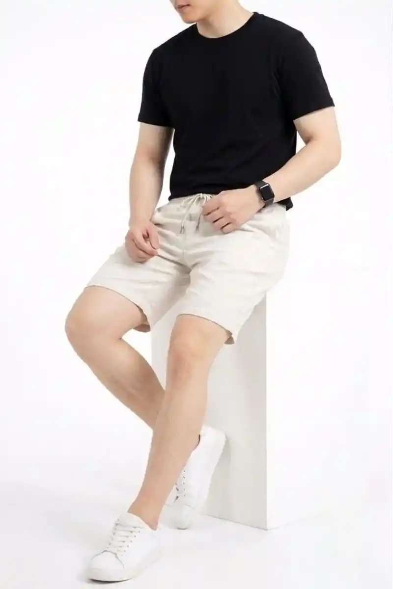 Erkek Keten Kumaş Cepli Rahat Kesim Bel Lastikli Şort - Beyaz