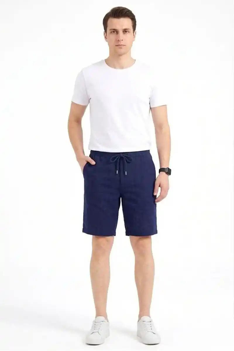 Erkek Keten Kumaş Cepli Rahat Kesim Bel Lastikli Şort - Lacivert