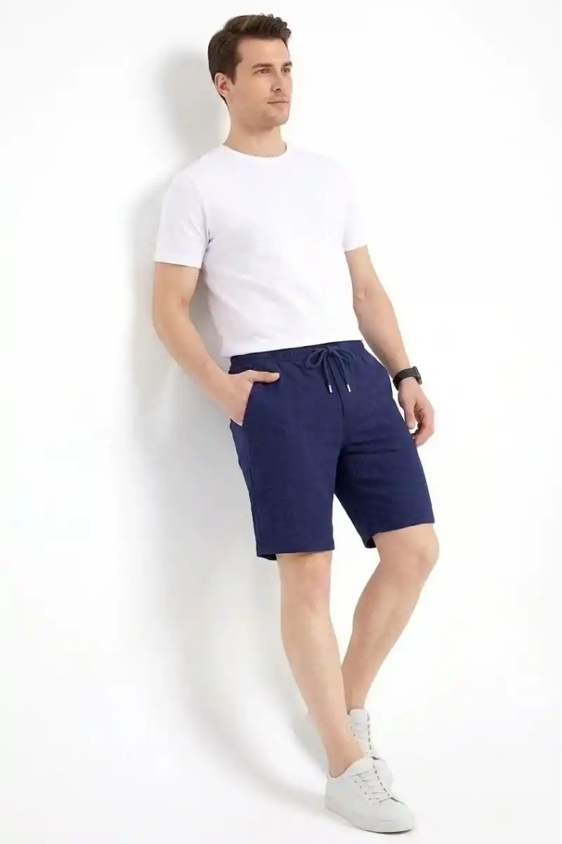 Erkek Keten Kumaş Cepli Rahat Kesim Bel Lastikli Şort - Lacivert