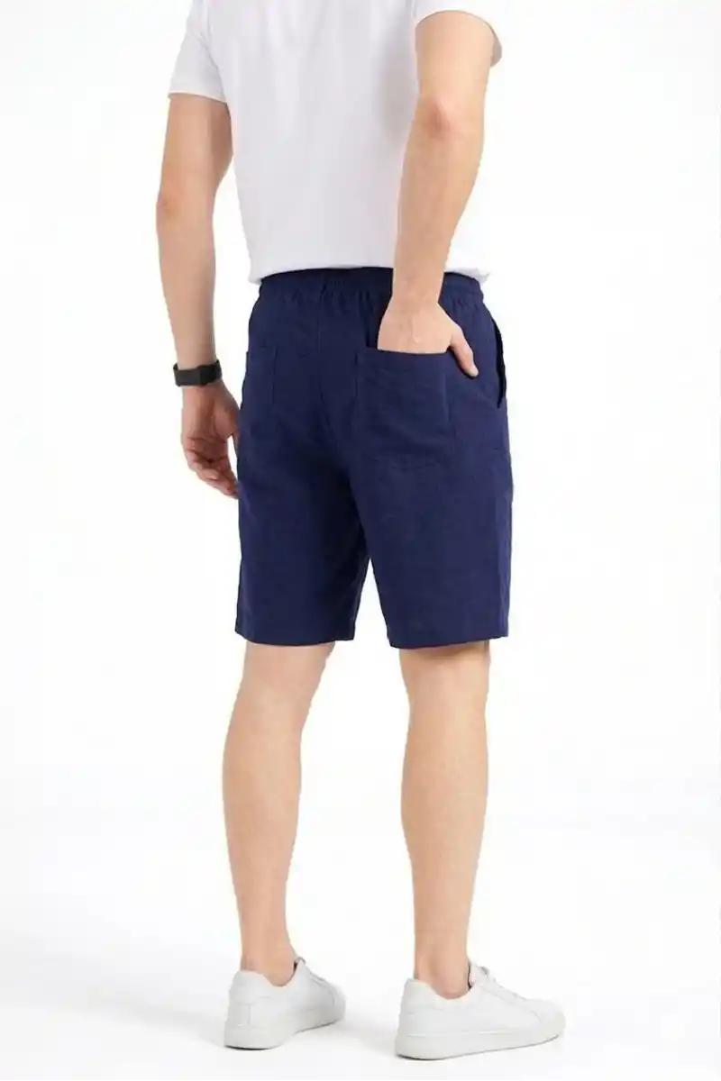 Erkek Keten Kumaş Cepli Rahat Kesim Bel Lastikli Şort - Lacivert