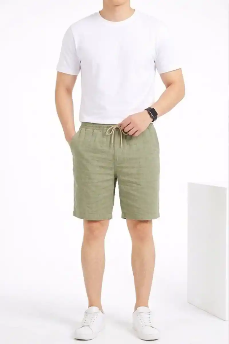 Erkek Keten Kumaş Cepli Rahat Kesim Bel Lastikli Şort - Mint Yeşili