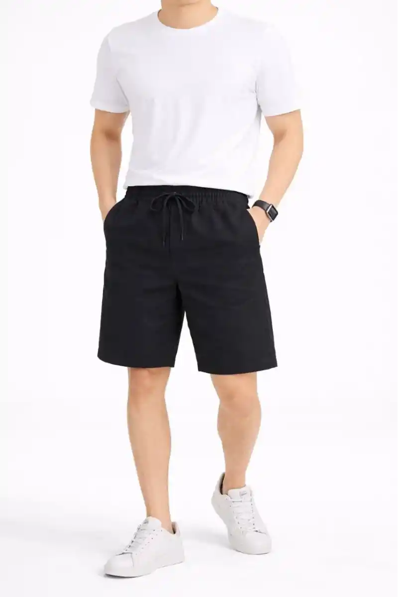 Erkek Keten Kumaş Cepli Rahat Kesim Bel Lastikli Şort - Siyah