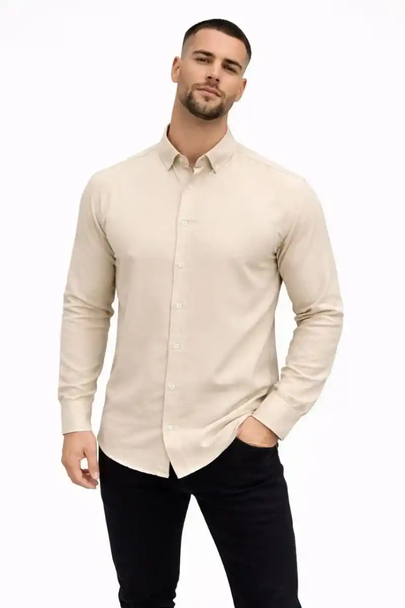 Erkek KETEN Kumaş Oversize Uzun Kollu Rahat Kalıp Gömlek - Bej