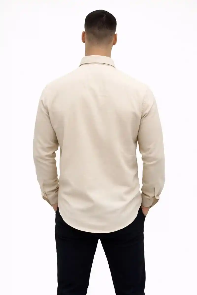 Erkek KETEN Kumaş Oversize Uzun Kollu Rahat Kalıp Gömlek - Bej