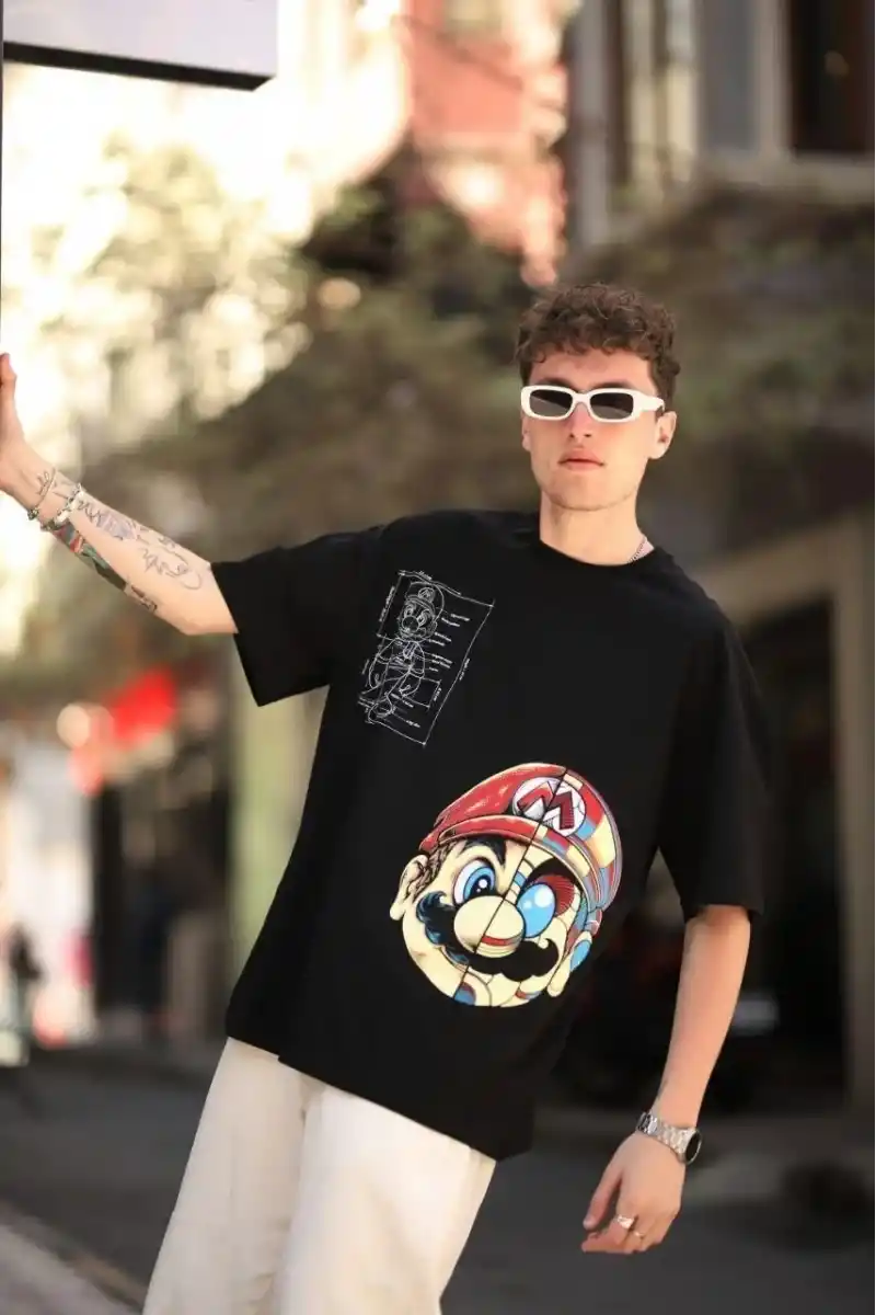 Erkek Mario Baskılı T-Shirt Oversize Kısa kol Bisiklet yaka tişort - Siyah