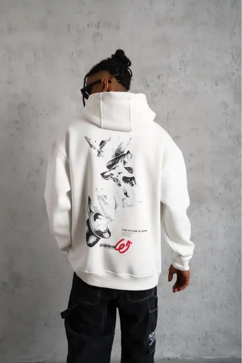 Erkek 3 İplik Pamuklu Kapüşonlu Baskılı Cepli Oversize Sweatshirt Hoodie - Beyaz
