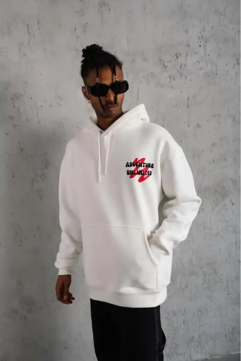 Erkek 3 İplik Pamuklu Kapüşonlu Baskılı Cepli Oversize Sweatshirt Hoodie - Beyaz
