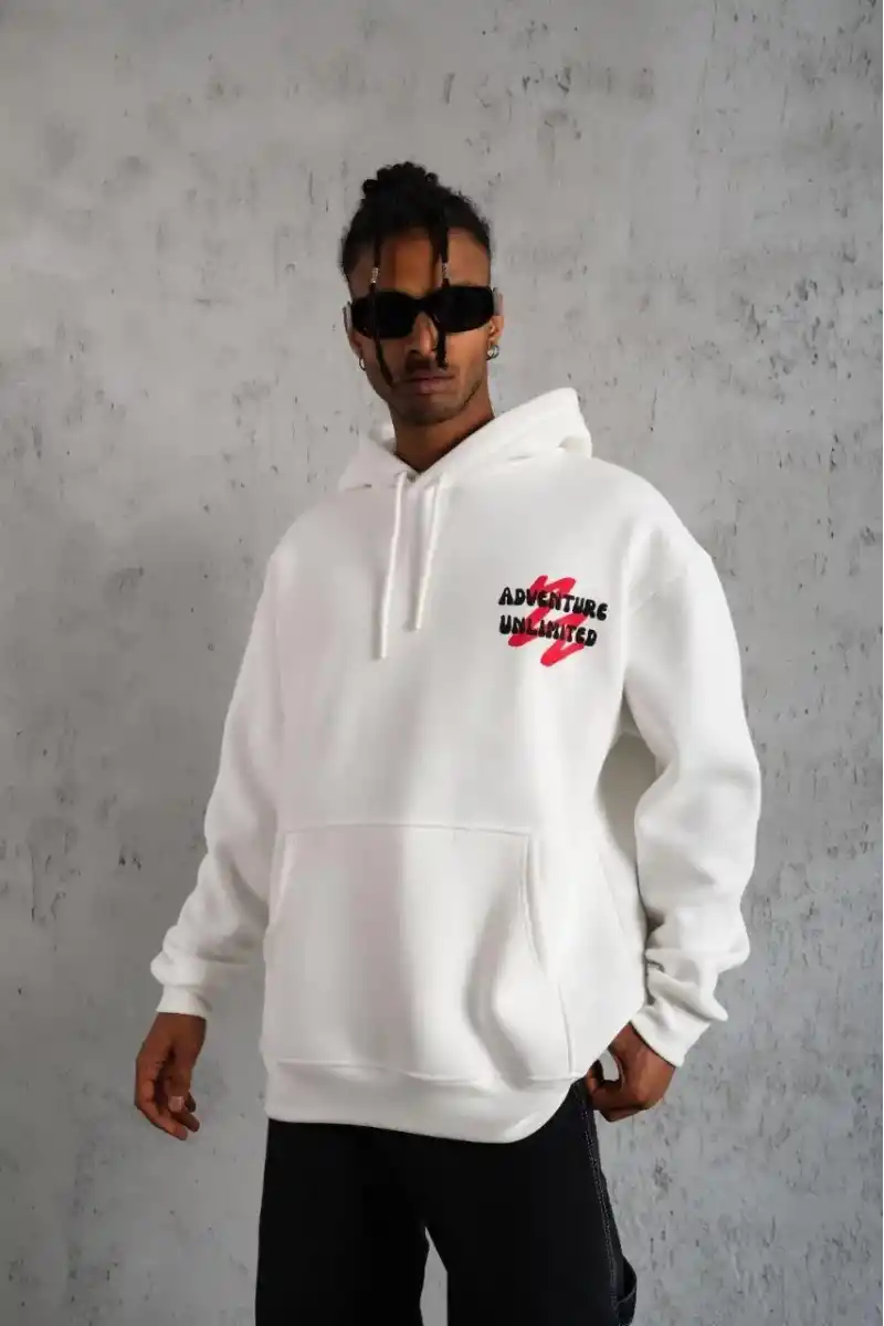Erkek 3 İplik Pamuklu Kapüşonlu Baskılı Cepli Oversize Sweatshirt Hoodie - Beyaz