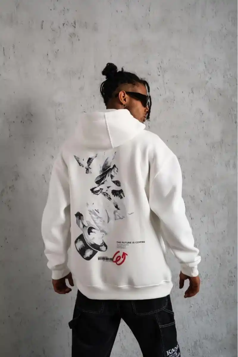Erkek 3 İplik Pamuklu Kapüşonlu Baskılı Cepli Oversize Sweatshirt Hoodie - Beyaz