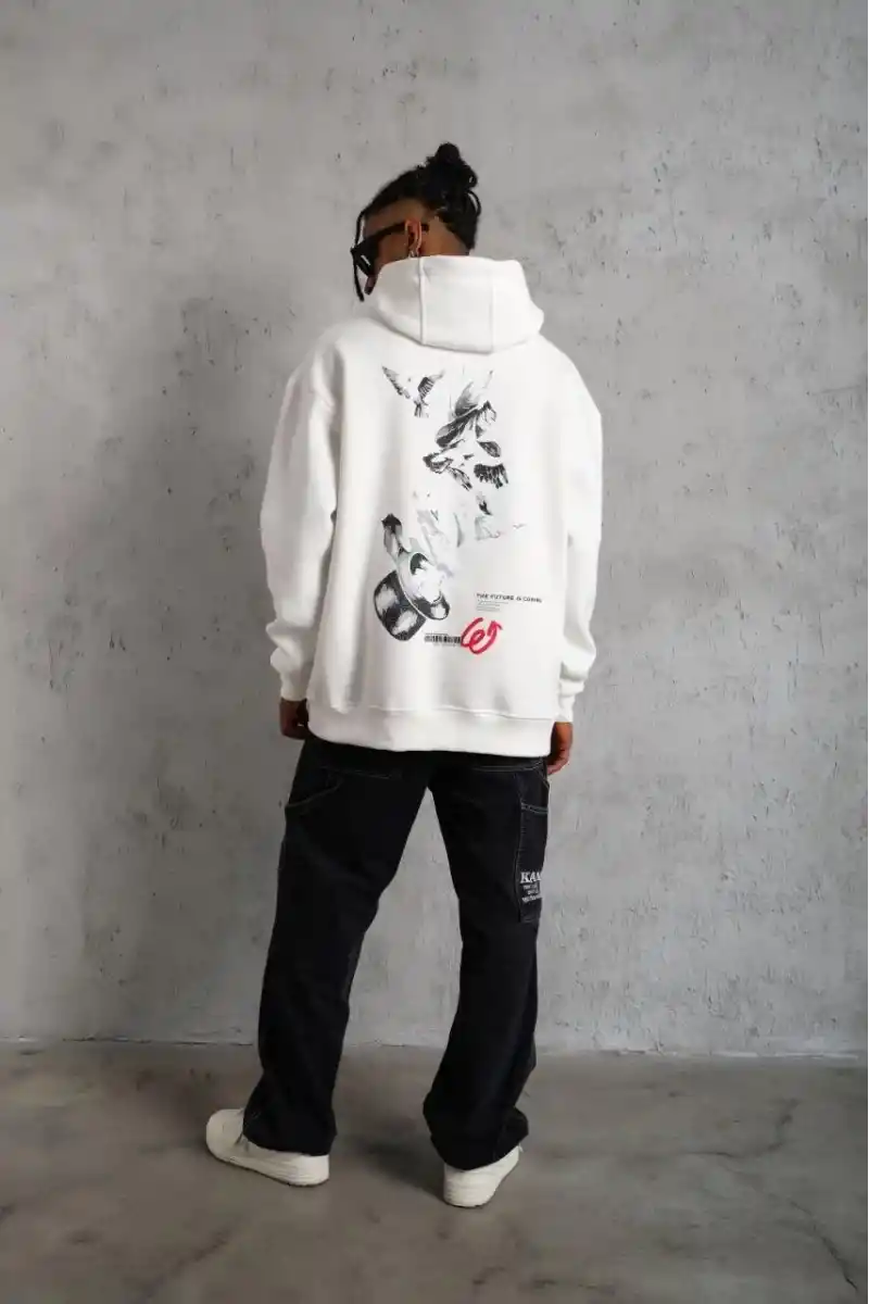 Erkek 3 İplik Pamuklu Kapüşonlu Baskılı Cepli Oversize Sweatshirt Hoodie - Beyaz