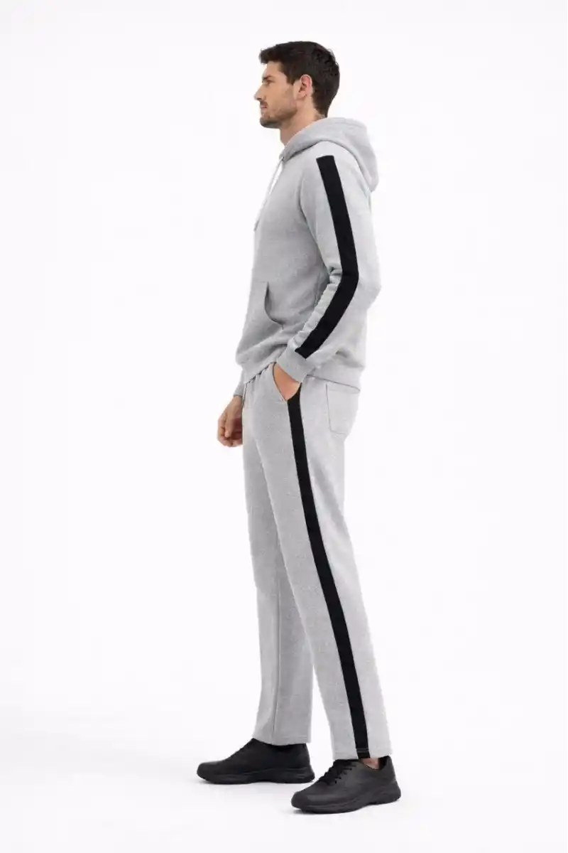 Erkek Şeritli Eşofman Takım Kapüşonlu Sweatshirt Boru Paça Alt, Oversize 3 iplik Pamuklu - Gri