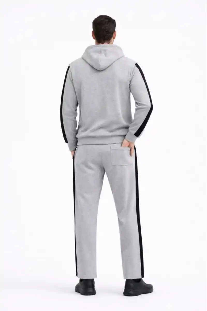 Erkek Şeritli Eşofman Takım Kapüşonlu Sweatshirt Boru Paça Alt, Oversize 3 iplik Pamuklu - Gri